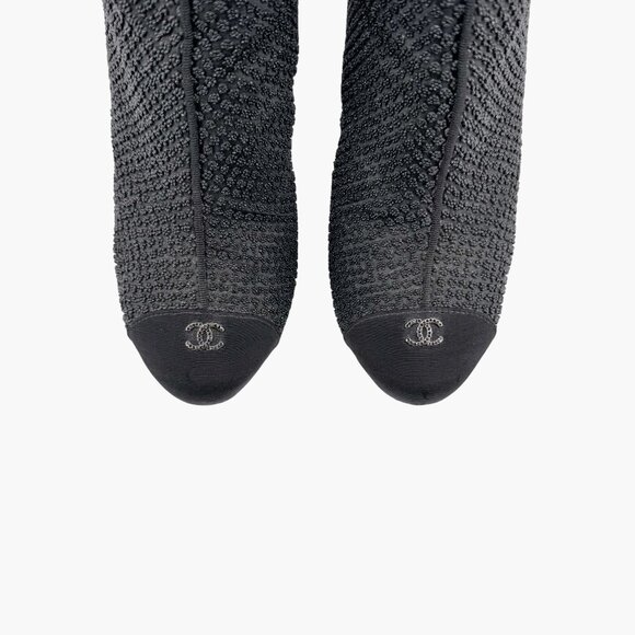 Chanel CC Cap Toe Ankle Booties Size 38.5 US 7.5-8 Black Beaded High Heel Boot - Picture 4 of 16